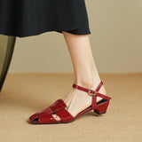 Purpdrank  New Summer Women Sandals Genuine Leather Women Shoes Square Toe Low Heel Shoes Narrow Band Cover Toe Modern Sandals