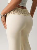 Purpdrank  Women Elastic Waist Lace Slightly Flared Casual Pants Slim-fit Strap Up High Waist Bell-bottom Solid Color Comfort Splice Pants
