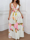 Purpdrank  Elegant V-neck Backless Hollow Maxi Dress Women Fashion Print Hight Waist Slim Long Dress Sexy Sleeveless Split Party Dress