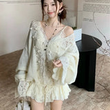 Purpdrank  Loose Korean Style V-Neck Knitted Hollow out Sweater Elegant Lazy Style Sweater Versatile Autumn Fashion Women's Clothing