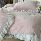 Purpdrank  Vintage French Carved Velvet Lace Ruffles Soft Warm Winter Bedding Set Duvet Cover Flat/Fitted Bed Sheet Pillowcases 4Pcs