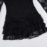 Purpdrank  Dark Solid Patchwork Lace A-Line Dress Sexy Slim O-Neck Long Sleeve Mini Dresses For Women Autumn Spring Fashion Ladies