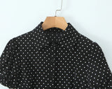 Purpdrank  Summer Vintage Black with White Polka Dot Print Laple Short Puff Sleeve Shirt Women Slim Waist Elastic Back Blouse Tank Top