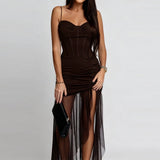 Purpdrank  Sexy Off Shoulder Irregular Sling Dress Women Elegant Sleeveless Hight Waist Long Dress Fashion Mesh Splicing Solid Party Dress