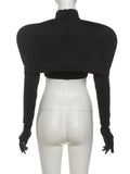 Purpdrank  Women's Black O Neck Long Sleeve Crop T-Shirt and Stand Collar Cover Top 2 Piece Set with Gloves Fall Fashion Outfits