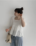 Purpdrank  Summer Cotton Puff Sleeve Women's T-shirts 2025 New Square Collar Backless Hollow Out Casual Loose Shirts Tops Female
