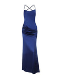 Purpdrank  Elegant Satin Slip Maxi Dress for Women Solid Sexy Sleeveless Criss-cross Backless Ruched Slim Bodycon Evening Party Gown
