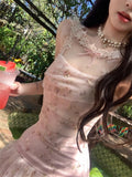 Purpdrank  Korean Sweet Spicy Girl 2 Piece Set Women Print Lace Patchwork Tops + Mini Skirt Female Retro Slim Hottie Elegant Outfits Summer
