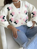 Purpdrank  Women's Autumn Winter Sweater Chic Fashion Solid Color Long Sleeve V-Neck Single Breasted Floral Casual Sweater