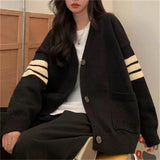 Purpdrank  Korean Style Black Cardigan Women Japanese Harajuku Fashion Knitted Autumn Sweater Preppy Striped Knitwear Oversized