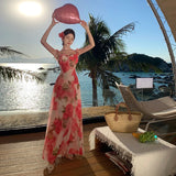 Purpdrank  Super Fairy Large Swing Atmosphere Pink Rose Flower Retro Square Neck Strap Long Dress Design Sense Beach Vacation Dress