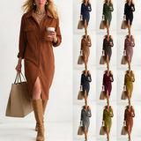 Purpdrank  Women's Corduroy Maxi Dress Lapel Collar Button Down Long Sleeve Casual Shirt Dress With Pockets Loose Side Slit Office Dresses