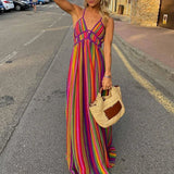 Purpdrank  Fashion Hollow Backless Bohemian Dresses Sexy Ladies V-Neck Sleeveless High Waist Long Dress Summer Beach Colorful Stripe