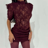 Purpdrank  Fashion Lace Embroidery Pleat Party Dress Women Elegant Waist Solid Slim Mini Dress Sexy Half High Collar Sleeveless Gowns Dress