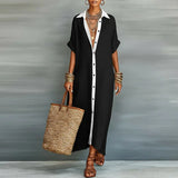 Purpdrank  Women's Spring Contrast Collar Shirt Dresses Casual Buttons Short Sleeve Loose Maxi Dress Summer Beach Vacation Long Dress Mujer
