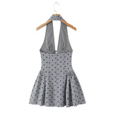 Purpdrank  Sexy Gray Flocking Dot V neck Pleated Ruched Halter Dress Women Backless Slim Low Waist Swing Ball Gown Short Dresses Robe