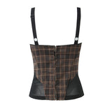 Purpdrank  Sexy Ruched Wire Bra Coffee Plaid Camis Women Spliced Black Mesh Waist Back Zipper Crop Top Camisoles Bra Tank Vest