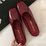 Purpdrank  Fashion Red Square Toe Flat Slippers Women High Quality Patent Leather Mules Luxury Brand Designer Sandals Sandalias De Mujer