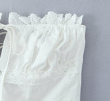 Purpdrank  Summer White Embroidery Hollow Out Hole Wood ears Bow Ruched Chest Corset Camisole Women Cross Lacing up Bow Back Tank Top