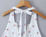 Purpdrank  Sexy White Red Fruit Tie Bow Halter V neck Open Buttons Slim Tank Top Women Spliced Lace Hem Sleeveless Backless Tee Summer Vest