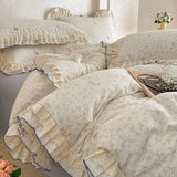 Purpdrank  3/4Pcs Korean Floral Lace Ruffles 100% Cotton Bedding Set Single Queen king Duvet Cover Set Flat/Fitted Bed Sheet Pillowcases