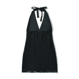 Purpdrank  Sexy Black Hollow Out Hole Lace Bow Halter V Collar Backless Mini Dress Women Big Backless Package Hips Short Dresses Robe