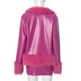 Purpdrank  Sexy Faux Leather Two Piece Women Furry Winter Outfit 2025 Fashion Faux Fur Collar Cardigans Coat and Micro Skirts Matching Sets