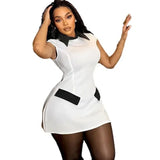 Purpdrank  Elegant Fashion A-line Mini Dress Women Peter Pan Collar Cap Sleeve Pockets Patchwork Sheath High Waist Party Club Short Dresses