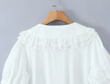 Purpdrank  Holiday White Spliced Wood ears Lace Peter Pan Collar Short Puff Sleeve Shirt Women Fold Pleated Front Open Buttons Blouses Tops