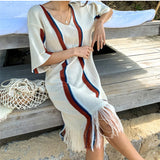 Purpdrank  Summer Bohemian Knitted Women's Tassel Dresses Female Straight V-Neck Short Sleeve Beach Sundress Dress