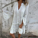 Purpdrank  Gold Bronzing Geometry Print Pleated Dresses Women Spring V Neck Button Hollow A-Line Dress Autumn Flare Sleeve Lace Party Dress