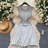 Purpdrank  Summer Vintage Striped Women's Knitted Dresses 2025 New Sleeveless Casual Straight Knitwear A-Line Dress Female
