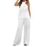 Purpdrank  Simple Cotton Linen Women's Suits Summer Fashion Sleeveless Halter Loose Blouse Wide Leg Pant Two Piece Set Womens Matching Sets