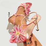Purpdrank  Pink Flower Embellished Heeled Sandals Women Fashion Ankle Strap Buckle Brand Designer Shoe Elegant Pointed Toe Party Dress Shoe