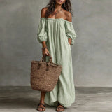Purpdrank  Bohemian Off Shoulder Puff Sleeve Long Dresses Woman Spring Striped Print Loose Maxi Dress Summer Hollow Pocket Beach Dress