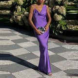 Purpdrank  Elegant Backless Hollow Out Suspender Dress Women Sexy V-neck Sleeveless Satin Long Dress Fashion Hight Waist Pleat Party Dress