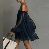 Purpdrank  Bohemian Solid Lace Trim Off Shoulder Party Dresses Woman Long Puff Sleeve Flowy Mini Dress Spring Summer Backless Holiday Dress