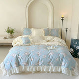 Purpdrank  Korean Princess Style Flowers Lace Ruffles 100% Cotton Bedding Set Duvet Cover Bed Sheet/Fitted Sheet/Bed Skirt Pillowcases 4Pcs