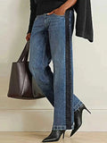 Purpdrank  Women's Retro Side Stripe Contrast Color Wide-Leg Jeans, Stylish, Slimming, Non-Elastic, Mid-Waist, Long Denim Pants