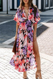 Purpdrank  Summer Women Print Long Dress Sexy V-neck High-Waisted Split  Bohemia V-neck Bat Sleeve Vacation Party Lady Vestido