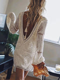 Purpdrank  Stylish Women's Long Sleeve Beach Dress Deep V-Neck Backless Hollow Out Loose Fit Solid Color Summer Cover-Up