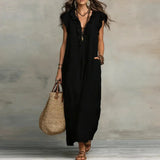 Purpdrank  Summer Hot Butterfly Sleeveless Vacation Beach Dress Woman Spring V Neck Ruffles Pocket Long Dress Casual Boho Maxi Dresses