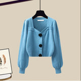 Purpdrank - 2023 Autumn Winter New Fashion Knit Sweater Top+Black Dress Two Piece Set Women's Korean Elegant Cardigan Blouse Midi Skirt Suit