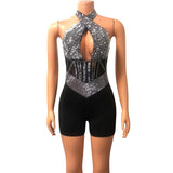 Purpdrank  Sexy Sparkly Rhinestones Mesh Rompers Womens Jumpsuit Shorts Club Outfits Halter Patchwork Sheer Cutout Bodycon Playsuit Woman