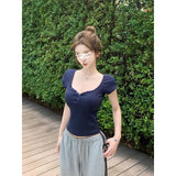 Purpdrank  Vintage Street Y2K Button Up V-Neck Crop Top Women Sexy Low-Cut Skinny Cropped T Shirts Woman Summer Basic Short Sleeve Tee