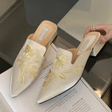 Purpdrank  High Quality Handwork Embroidery Women Mules Low Square Heels Half Slippers Cozy Silk Pointed Toe Party Dress Shoes Pumps