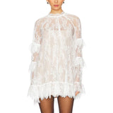 Purpdrank  Women Lace Sheer Dress Sexy See Through Mesh Long Sleeve High Neck Floral Cover Up Cocktail Party Mini Dresses