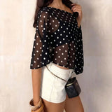 Purpdrank  Asymmetrical Polka Dot Chiffon Top Off Shoulder Loose Pullover