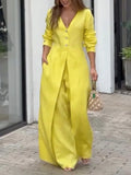 Purpdrank  Women's Solid Color Cotton Jumpsuit Elegant V Neck Long Sleeves Wide Leg Romper Casual Office Party One Piece Outfits