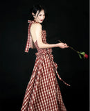 Purpdrank  Vintage Plaid Long Dress Women Vacation Beach Sexy Halter Floral Maxi Dresses Summer Korean Backless Bodycon Vestidos New